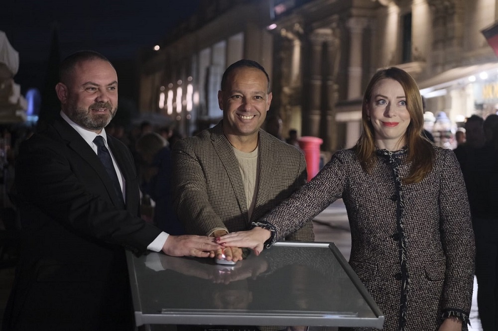 A photo showing Culture Minister Owen Bonnici, together with Valletta Cultural Agency Chairman Jason Micallef and Malta Chamber of SMEs CEO Abigail Mamo switching on the Christmas lights inn Valletta