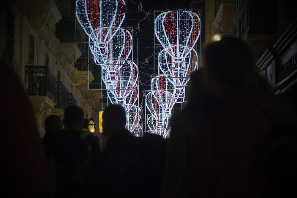 A photo showing the artistic light installation in South Street, Valletta