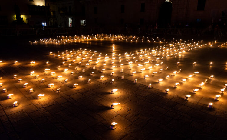 A photo showing hundreds of firewbowls set up for Holy Week