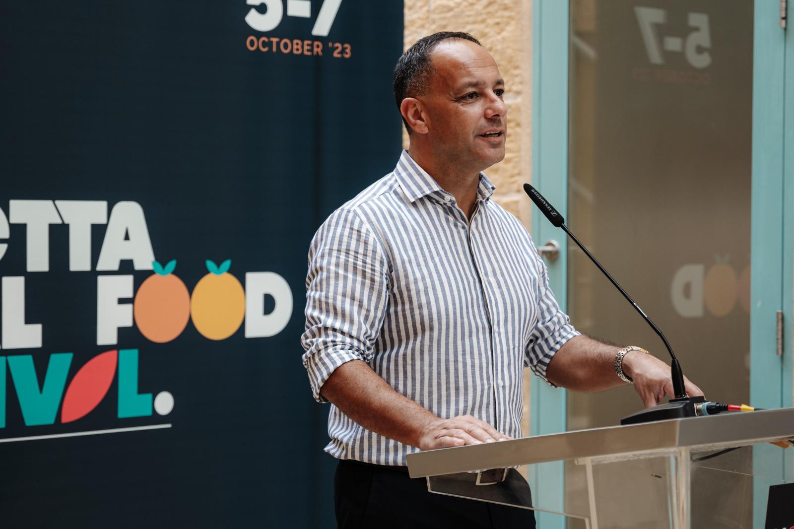 A photo showing Valletta Cultural Agency Chairman Jason Micallef adressing the launch of the Valletta Local Food Festival 2023