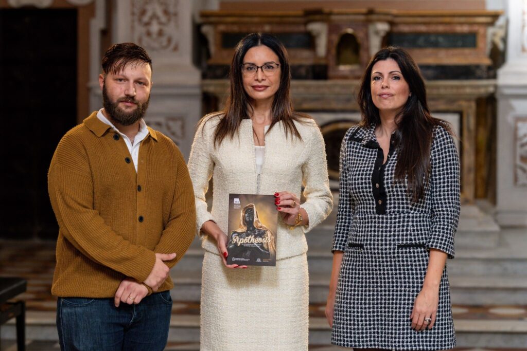 A photo showing the speakers during the press launch of Apotheosis: Artist Darren Tanti, VCA CEO Catherine Tabone and Curator Melanie Erixon