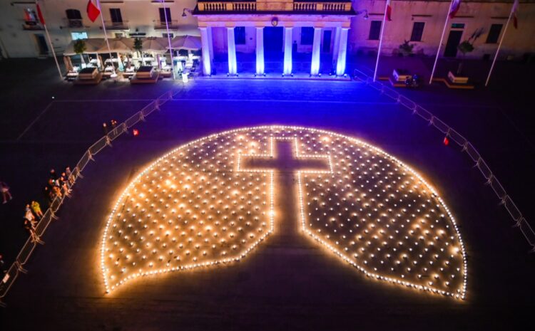 A photo showing the installation of fire bowls in St George's Square Valletta