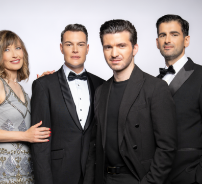 A photo showing acclaimend Maltese tenors Alan Sciberras and Cliff Zammit Stevens, vocalist Nadine Axisa and music director Ryan Paul Abela