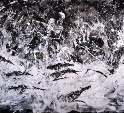 Black-and-white painting depicting a skeleton and leaping hounds in a dramatic, expressive style, part of Antony Catania’s Antler Cry exhibition.
