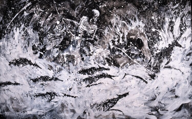 Black-and-white painting depicting a skeleton and leaping hounds in a dramatic, expressive style, part of Antony Catania’s Antler Cry exhibition.