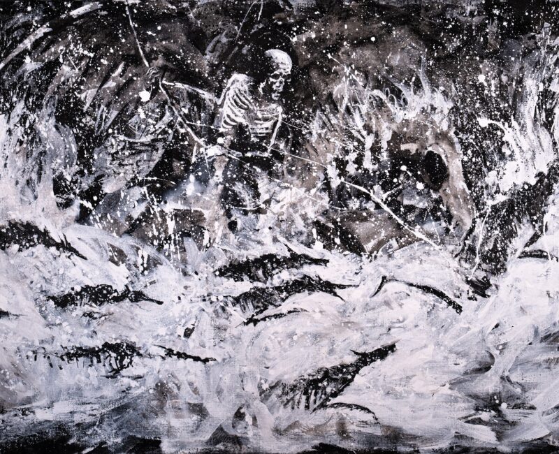 Black-and-white painting depicting a skeleton and leaping hounds in a dramatic, expressive style, part of Antony Catania’s Antler Cry exhibition.