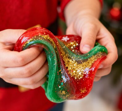 A photo showing a child playing with a purple slime creation
