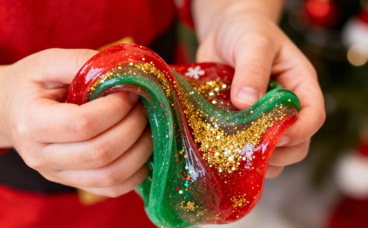 A photo showing a child playing with a purple slime creation