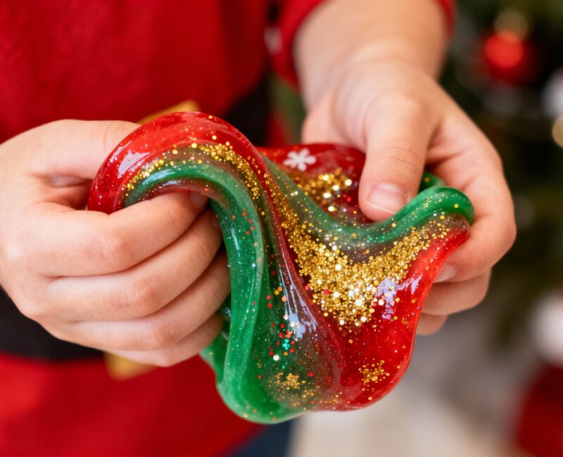 A photo showing a child playing with a purple slime creation