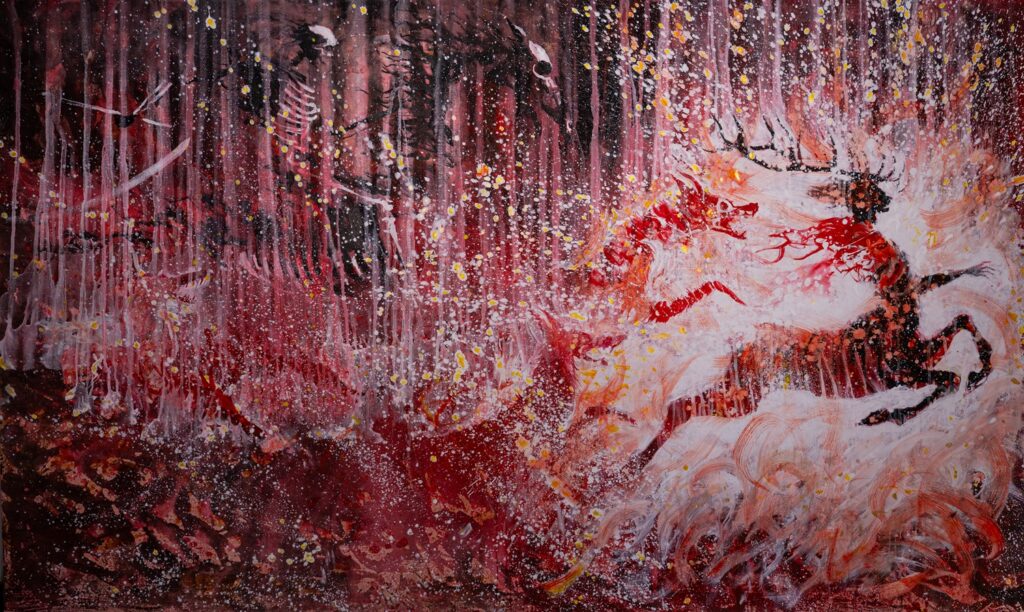 A photo showing the main artwork in the exhibition Antler Cry depicting and Antler being chased by hunting dogs