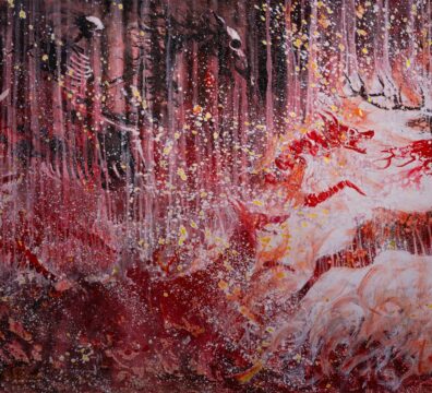 A photo showing the main artwork in the exhibition Antler Cry depicting and Antler being chased by hunting dogs