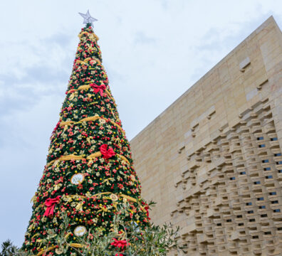 A photo showing the magical Christmas tree in Valletta with Parliament in the background