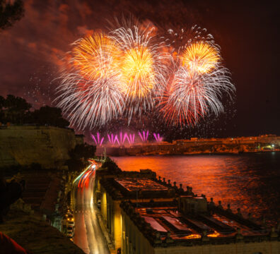 A photo showing fireworks in Valletta's Grand Harbour