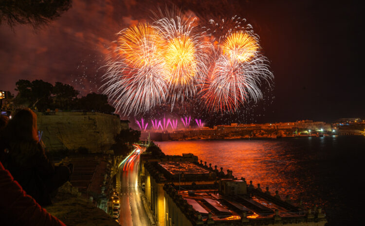 A photo showing fireworks in Valletta's Grand Harbour