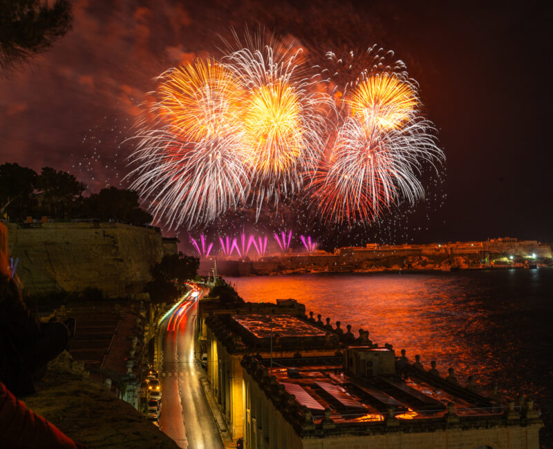 A photo showing fireworks in Valletta's Grand Harbour