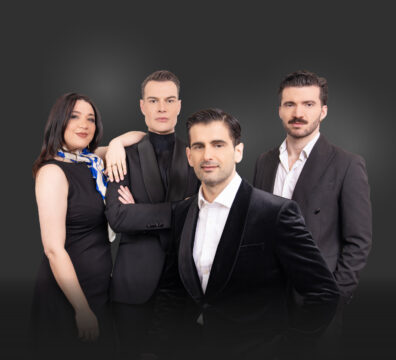 A photo showing Mezzo Soprano Marvic Monreal, Tenors Cliff Zammit Stevens and Alan Sciberras and Maestro Ryan Paul Abela, set against a grey background
