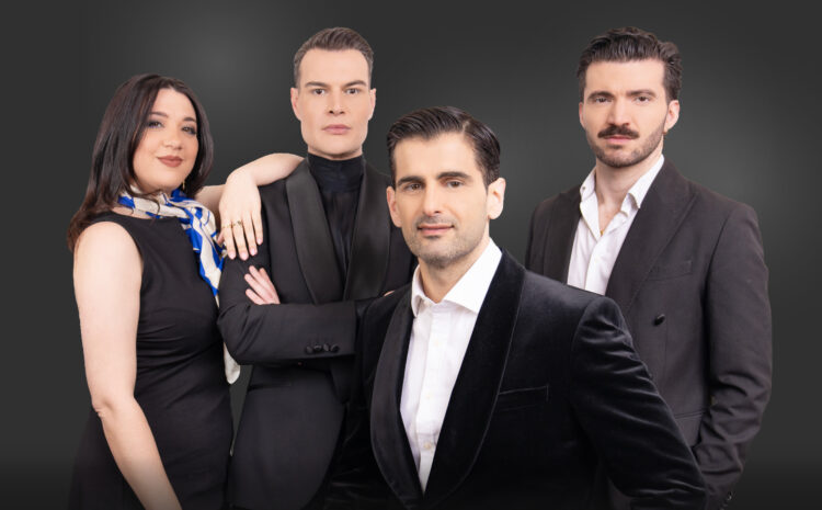 A photo showing Mezzo Soprano Marvic Monreal, Tenors Cliff Zammit Stevens and Alan Sciberras and Maestro Ryan Paul Abela, set against a grey background