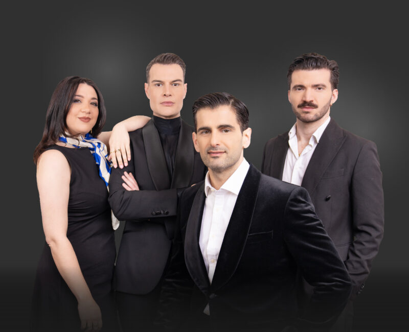 A photo showing Mezzo Soprano Marvic Monreal, Tenors Cliff Zammit Stevens and Alan Sciberras and Maestro Ryan Paul Abela, set against a grey background