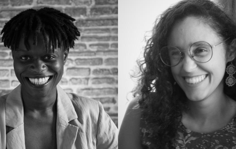 A black and white photo showing Spazju Kreattiv Artists in Residence Thaís dos Santos Silva and Ludi Adelino Djama