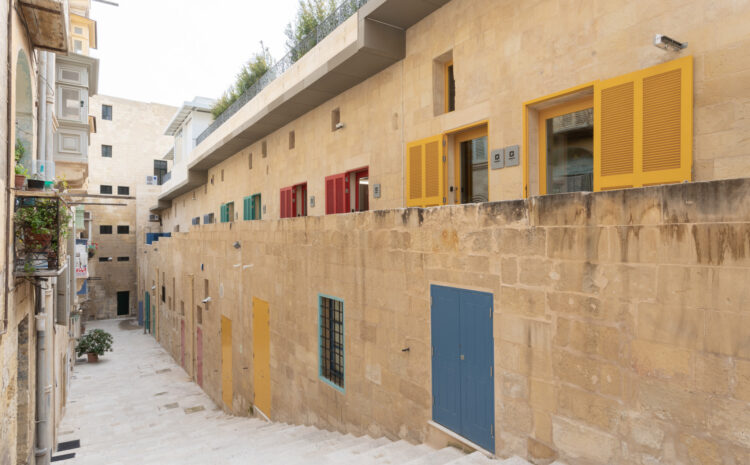 A photo showing the studios with colourful doors at the Valletta Design Cluster